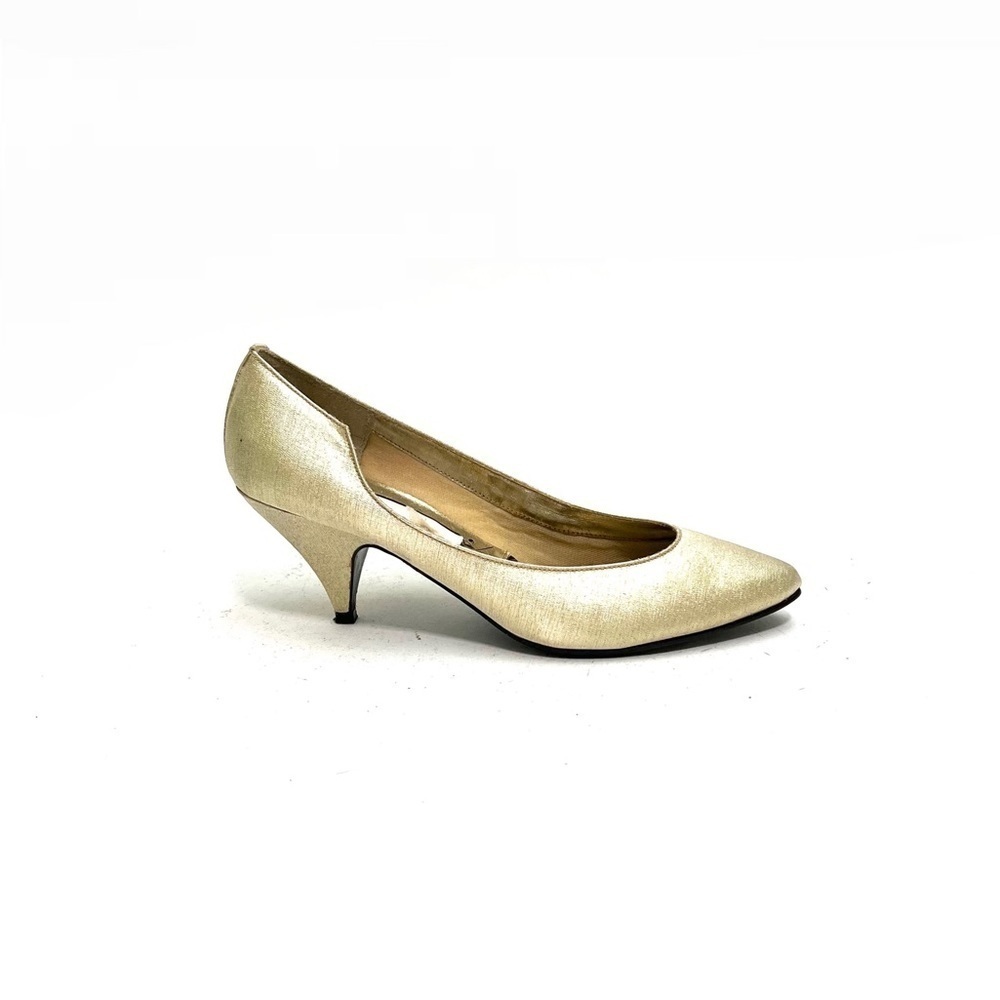 Vintage 1980s vegan gold lamé fabric asymmetrical formal party heels